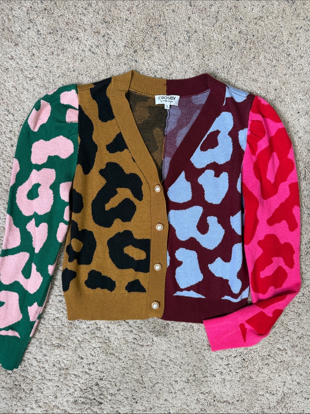 Crosby Multi-Color Leopard Patchwork Cardigan Sweater S - Picture 1 of 4